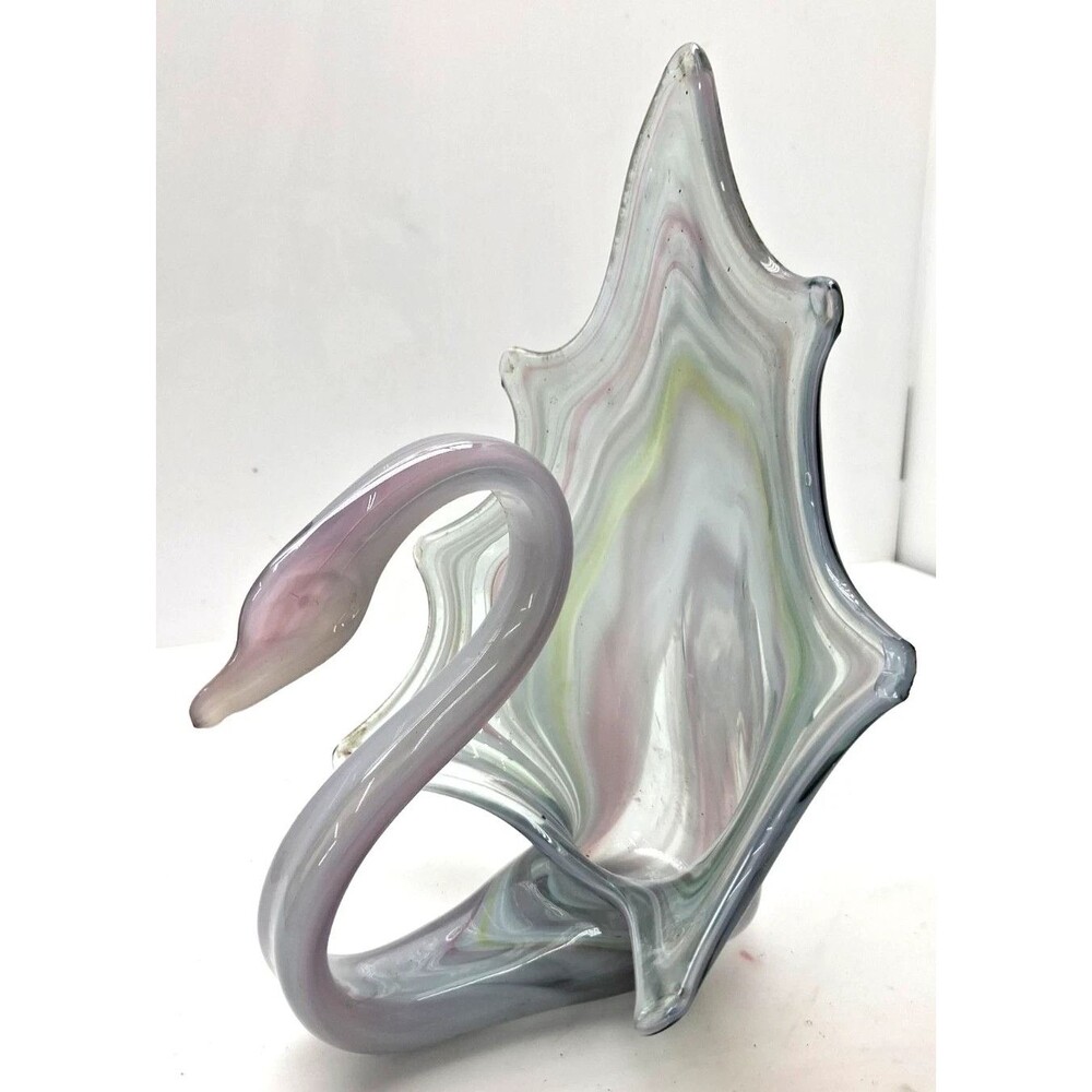 VTG Opalescent Hand Blown Sooner Glass Swan Purple Gray Pink Swirl Murano Style